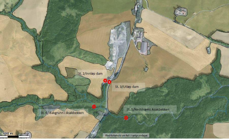 Overvåkingsprogram Det er etablert totalt 4 stasjoner for vannprøvetaking. To av prøvepunktene er tilknyttet sedimentasjonsdammens innløp (St. 2) og utløp (St. 3). Prøvepunktene nedstrøms (St.