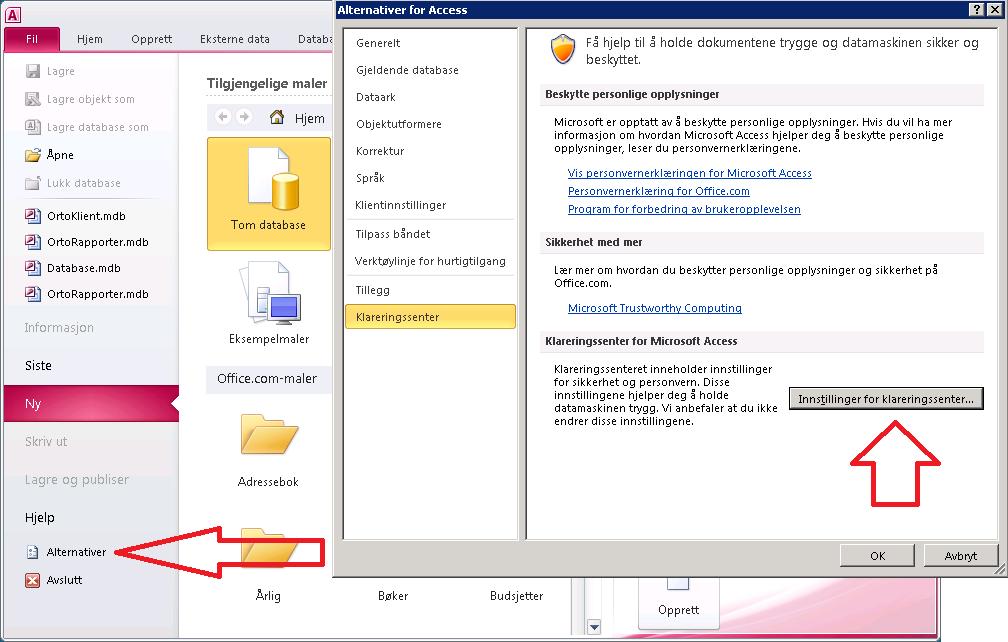 Aktivering av VBA / makrokode i Access i Office 2010 og