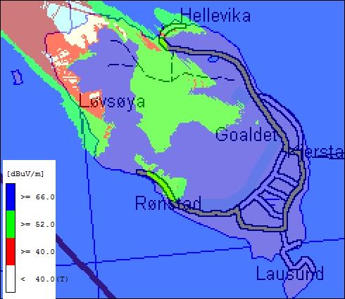 6.1.2 Dekning fra Gamlemsveten Figur 4. Feltstyrkekart for dekning fra Gamlemsveten Beregningene viser at store deler av øya ligger i blått område.