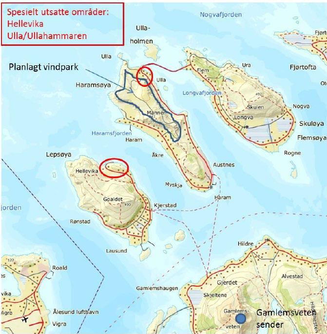 Figur 1 Områder i rød sirkel kan få forringet signalstyrke som følge av vindparken på Haramsøy.