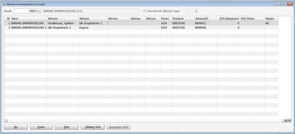 Knappene i bunnen gjelder GLN-integrasjonen. Når du trykker Ny får du muligheten til å legge inn en ny leveringsadresse.