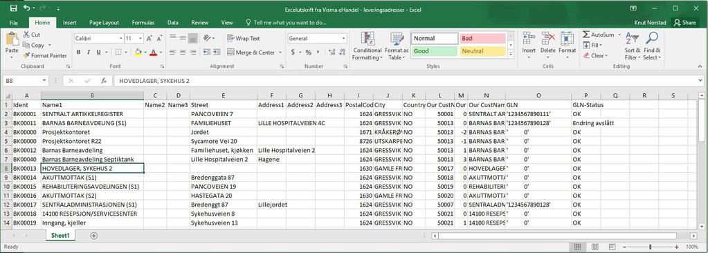 Skrive ut GLN-nummer Knappen «Skriv ut» skriver ut leveringsadressene med tilhørende GLN og GLN-status (se eget avsnitt de ulike kodene).