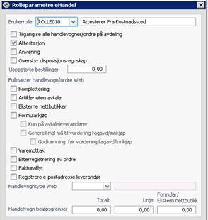 Hvis du legger inn verdier i «Attesterer» og «Anviser» uten å aktivere parameteret «Saksbehandlere hentes fra kostnadssted», vil det ikke få noen effekt på handlevogner på web.