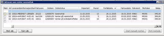 Du kommer da inn i bildet «Fakturaer som venter varemottak»: Her ligger fakturaen i påvente av at varemottaket blir utført og da vil systemet sende fakturaen til saksbehandling og den vil fjernes fra