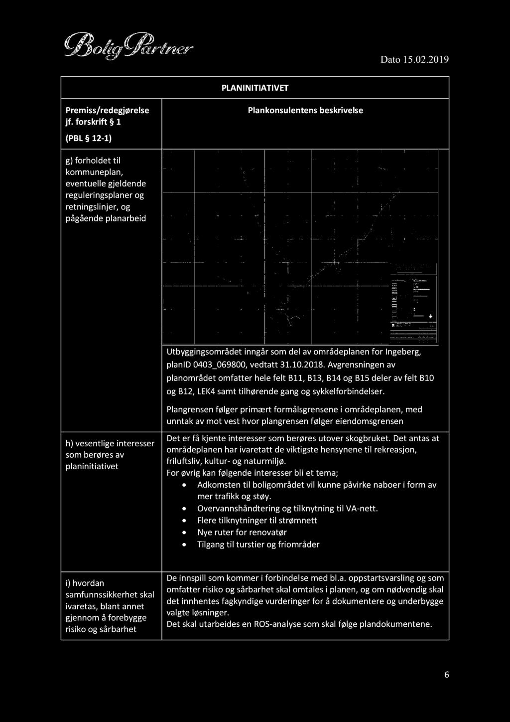 g) forholdet til kommuneplan, eventuelle gjeldende reguleringsplaner og retningslinj er, og pågående planarbeid Utbyggingsområdet inngår som del av områdeplanen for Ingeberg, planid 0403_069800,