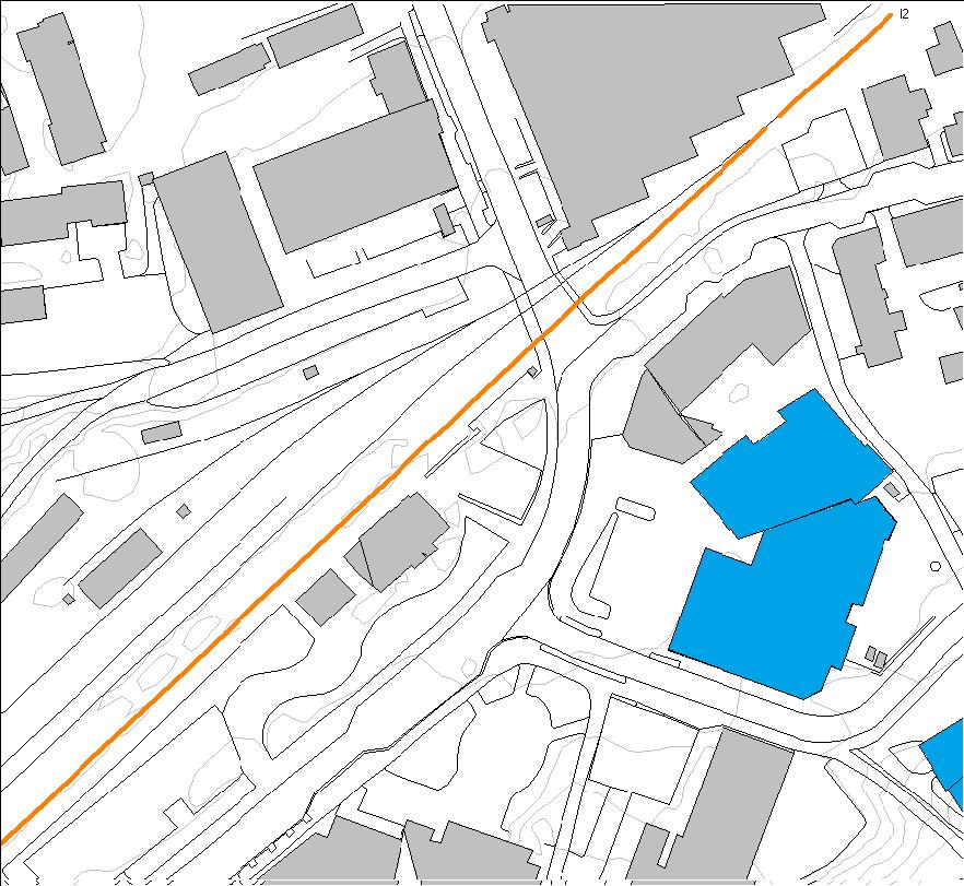 3.2 Jernbanestøy: Kart 4 under viser støysoner for jernbanestøy. Område: Tynset Torg Eks. bygning Bane Kommune: Utarbeidet: Tynset 08.01.2019 Ny bygning Høydekoter Kart 4.