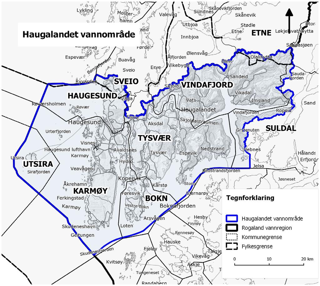 2. Vannområdet vårt Følgende kommuner ligger innenfor vannområde Haugaland: Bokn Karmøy Haugesund Vindafjord Tysvær Utsira I tillegg har deler av Etne, Suldal og Sveio kommuner mindre areal innenfor