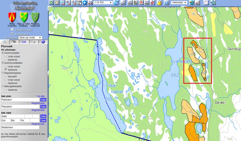 2. Planstatus Kommunedelplan for Myrset - Ånesgården, (plan ID, vedtatt 16.03.2009), viser området hvor det er planlagt 3 nye tomter som byggeområde for fritidsbebyggelse.