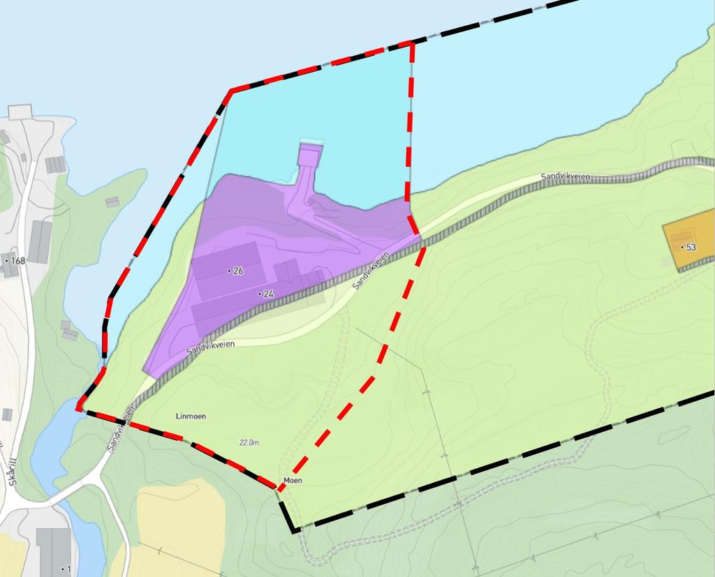 Illustrasjon: Utsnitt fra gjeldende reguleringsplan med varslet planområde som omsøkes endret her vist med stiplet rødt.