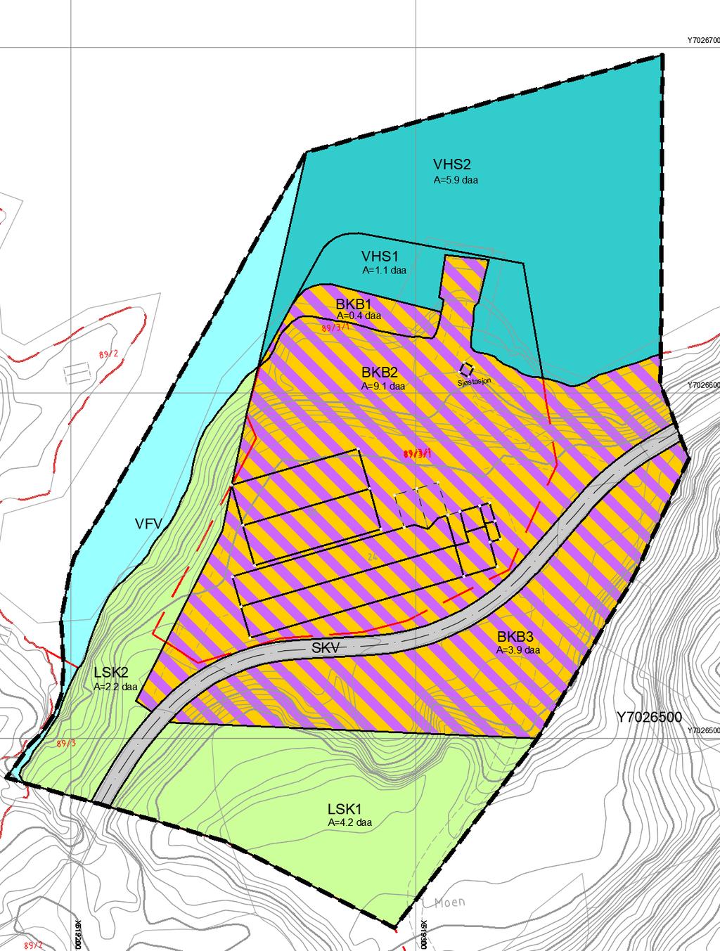 Illustrasjon: Utsnitt fra foreløpig utkast til plankart som viser planlagt regulering av området.