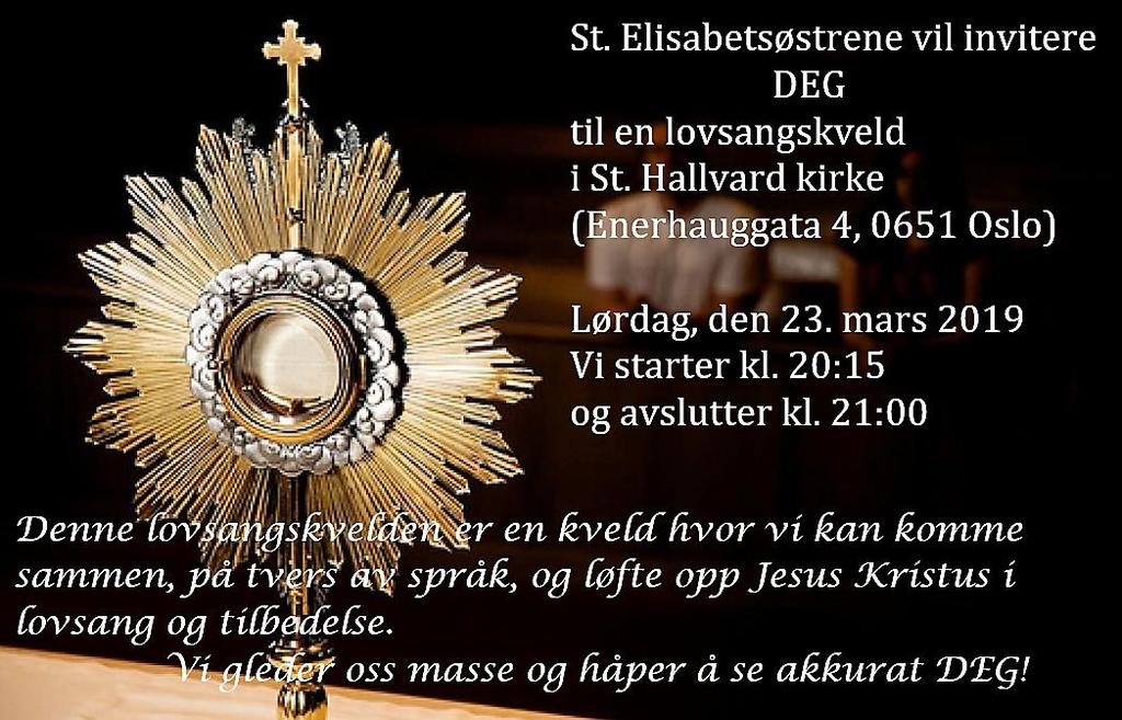 Fellesskapet Sant Egidio inviterer deg til kveldsbønn tirsdag 19. mars kl. 1845 i Mariagården. Etter kveldsbønnen fortsetter vi med refleksjon og hyggelig samvær med enkel bevertning.