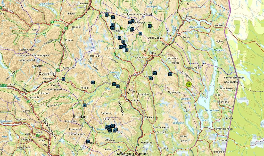 Tabell 2: Foreløpig oversikt over antall ynglinger av jerv i Hedmark i 2015 med vurdering, kjent status og hiets plassering, oppdatert pr 11.5. Fargene gjenspeiler uttak innenfor de to forvaltningsområdene i Hedmark.