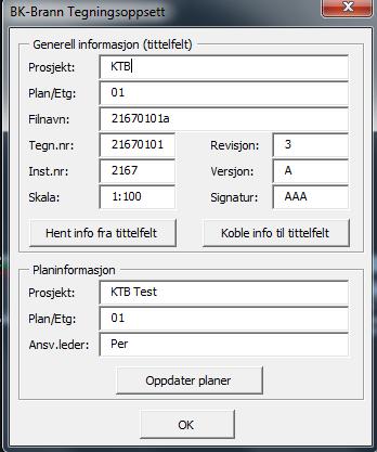 9.3.8.3. Tegningsoppsett For å koble/hente info til/fra tittelfelt må denne kommandoen velges.