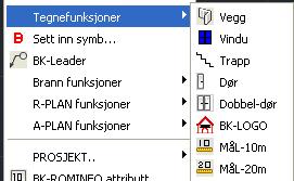 9.3.4.2 Tegnefunksjoner VEGG VINDU TRAPP DØR DOBBEL-DØR BK-LOGO MAAL-10m MAAL-20m Lager vegger. Lager vindu. Lager trapp. Lager dør. Lager dobbel dør. Setter inn BK logo.