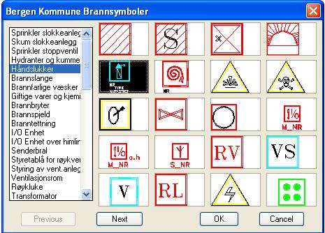 9.3.5. INNSETTING AV SYMBOLER 9.3.5.1. Sett inn symbol Her kommer det opp en ICON-meny med alle aktuelle brannsymbol. Innsettingspunktet for brannsymbolene er midt i symbolet.