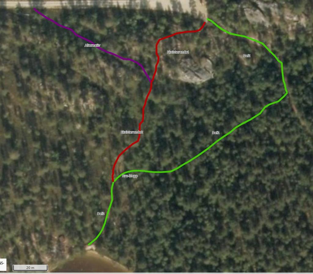 Figur 1: Viser valgt løsning for adkomst til Rundvannet (grønn linje). Alternativ løsning ikke valgt (lilla). Rød linje viser eksisterende sti.