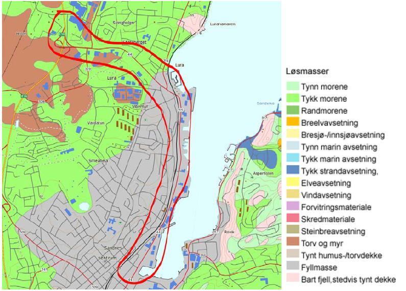 Side 3 av 7 MASSER I PLANOMRÅDET Nedenfor vises NGU sitt kvartærgeologiske kart fra området. Figur 3-1 Kvartærgeologisk kart fra www.ngu.no. Markert område med rødt viser aktuelt område for Bussveien.