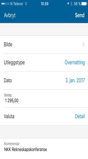 på Visma Expence: Startbiletet viser tidlegare kvitteringar, når