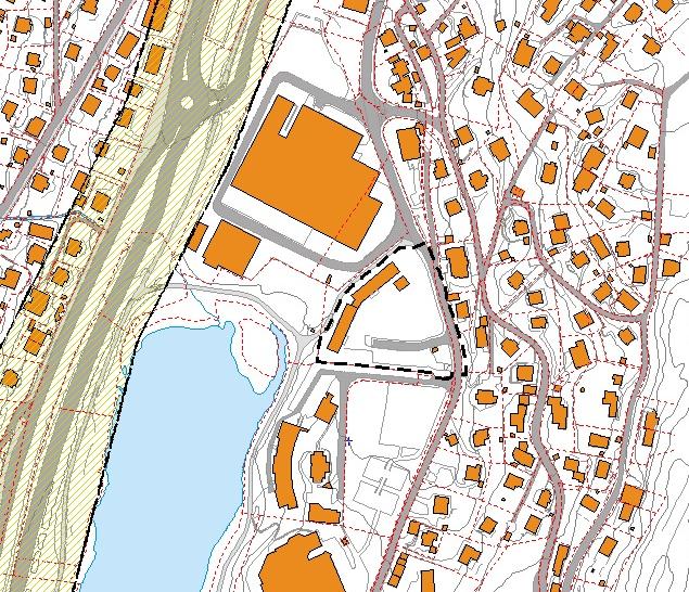 Figur 1. Planområdet i forhold til Luftforurensningssone etter KPA 2010. Planområdet vises med svart stiplet linje; gul luftforurensningssone vises med skravur.