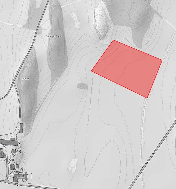 Figur 3: Kartutsnitt av grøftefeltet hos Bjørn Lund. Lengden på grøftene er ca 100 meter, og bredden mellom grøftene er 7 meter.