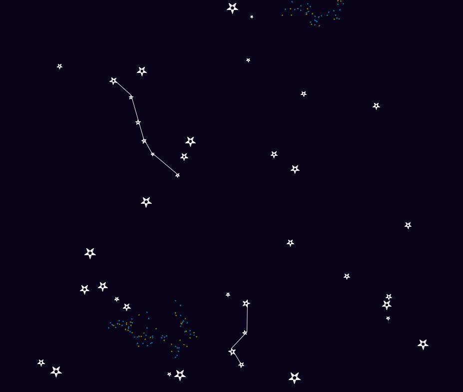# this will draw a dark blue background bgcolor("midnightblue") # draw 30 white stars (random sizes/locations) for star in range(30): movetorandomlocation() drawstar(randint(5, 25), "White") # draw 3