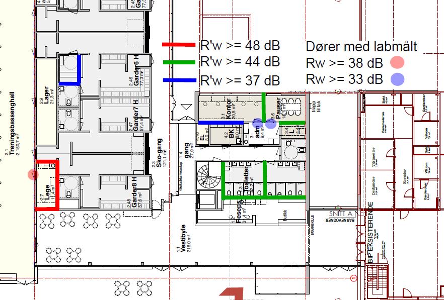 4.2.5 Koding av lydkrav på utsnitt av plan 2 () Lydkravene for et utsnitt av plan 2 er vist i figur 1.