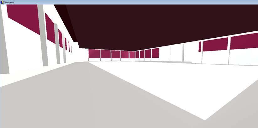 Figur 3 Odeon beregningsmodell som viser plassering av lydabsorbenter på vegg i den store svømmehallen