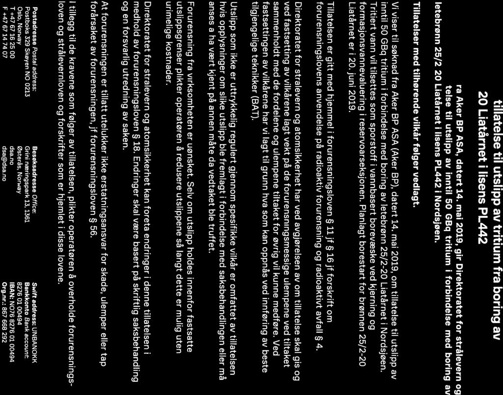 stralevern og atomsikkerhet Norwegian Rodiation and Nuclear Safety Authority Aker BP ASA Postboks 65 1324 LYSAKER Ref.: Dato: Saksbehandler: 19/00556-3 / 425.1 19.06.