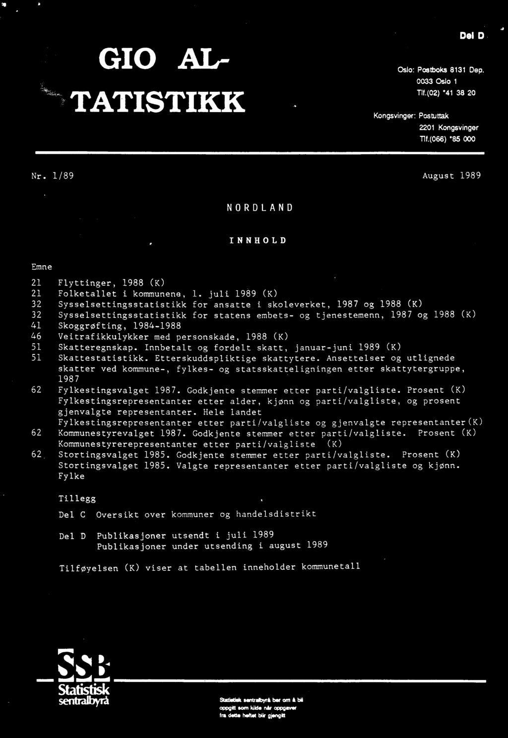 Ansettelser og utlignede skatter ved kommune, fylkes og statsskatteligningen etter skattytergruppe, 987 6 Fylkestingsvalget 987. Godkjente stemmer etter parti/valgliste.