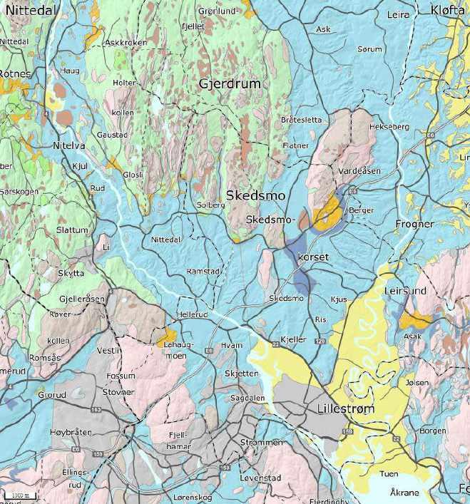 Figur 12 Løsmassekart over Skedsmo kommune. Lyseblå og mørkeblå områder viser marine avsetninger. Kilde: NGU. I tillegg til kvikkleireskred, kan det forekomme jord- og flomskred.
