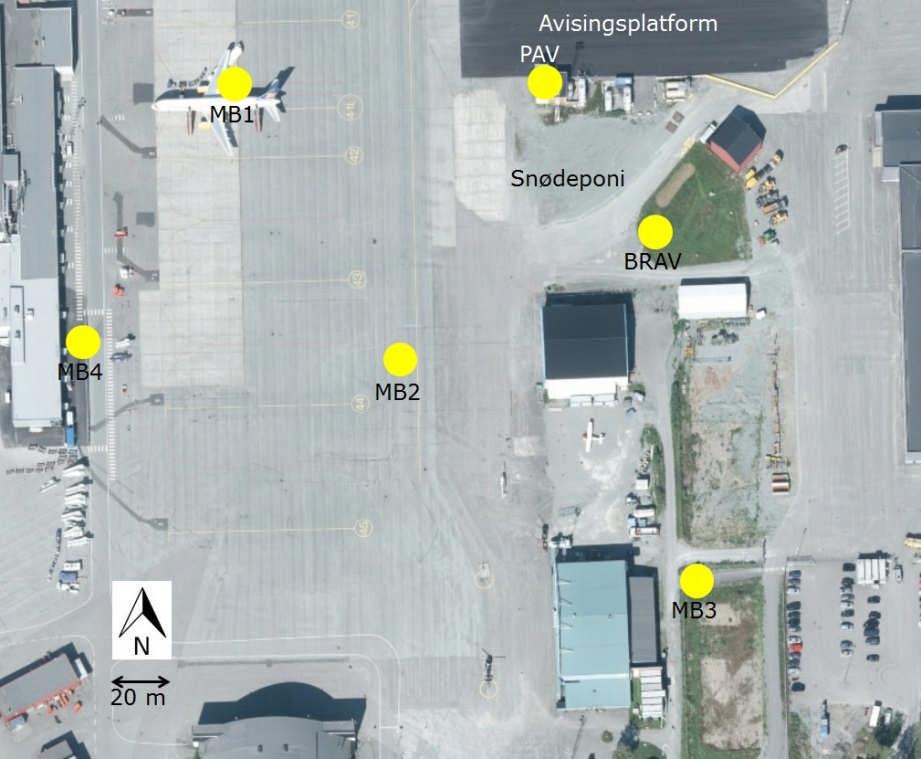 25 (50) 7. RESULTATER GRUNNVANN 7.1 Brønner inne på flyplassområdet Det er 2 eldre brønner på området (BRB og BRAV) og 4 nyere grunnvannsbrønner øst for Terminal B (MB1-MB4).