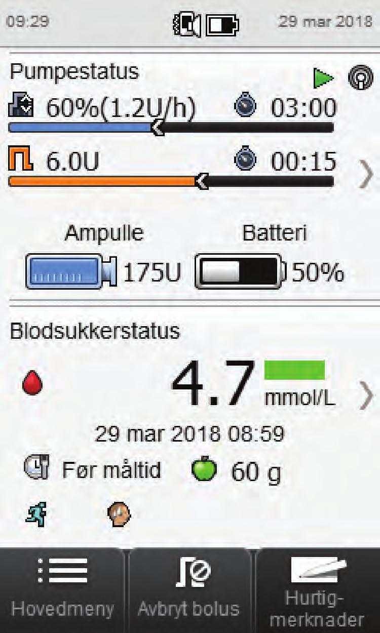 1 1.2.2 Statusskjermbilde Når apparatet er koblet med pumpen, viser Statusskjermbildet pumpestatus og informasjon om den siste gyldige blodsukkermålingen.