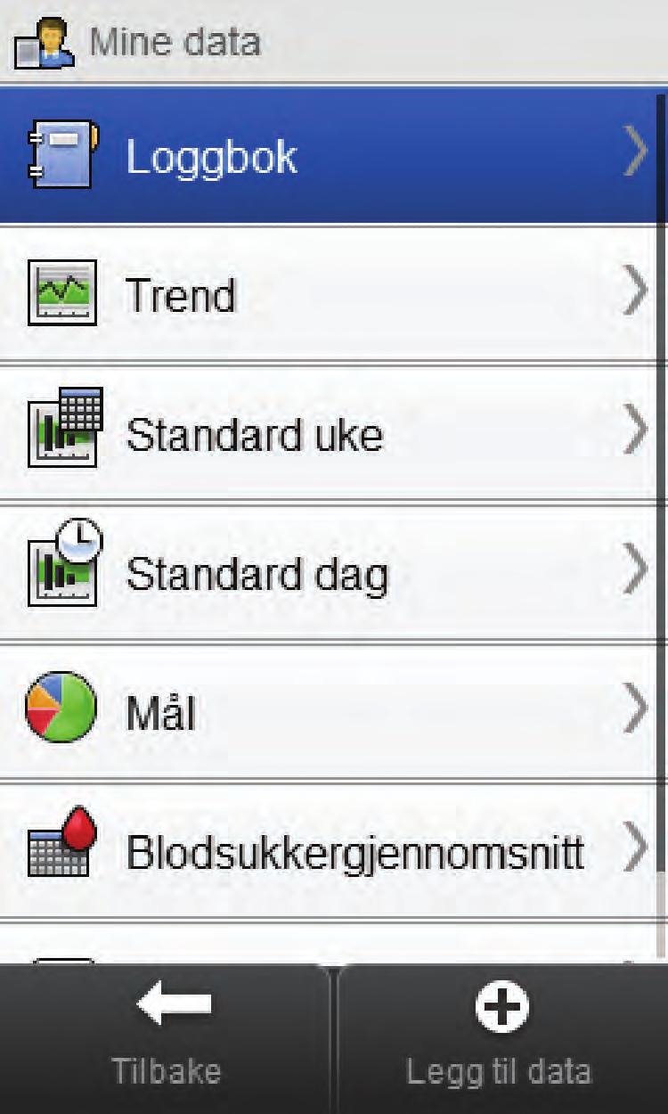 11 11.2.2 Vise og justere loggbokdata Hovedmeny > Mine data > Loggbok 1 2 MERK Loggbokdata som er brukt til bolusråd (med unntak av merknader), kan ikke justeres.