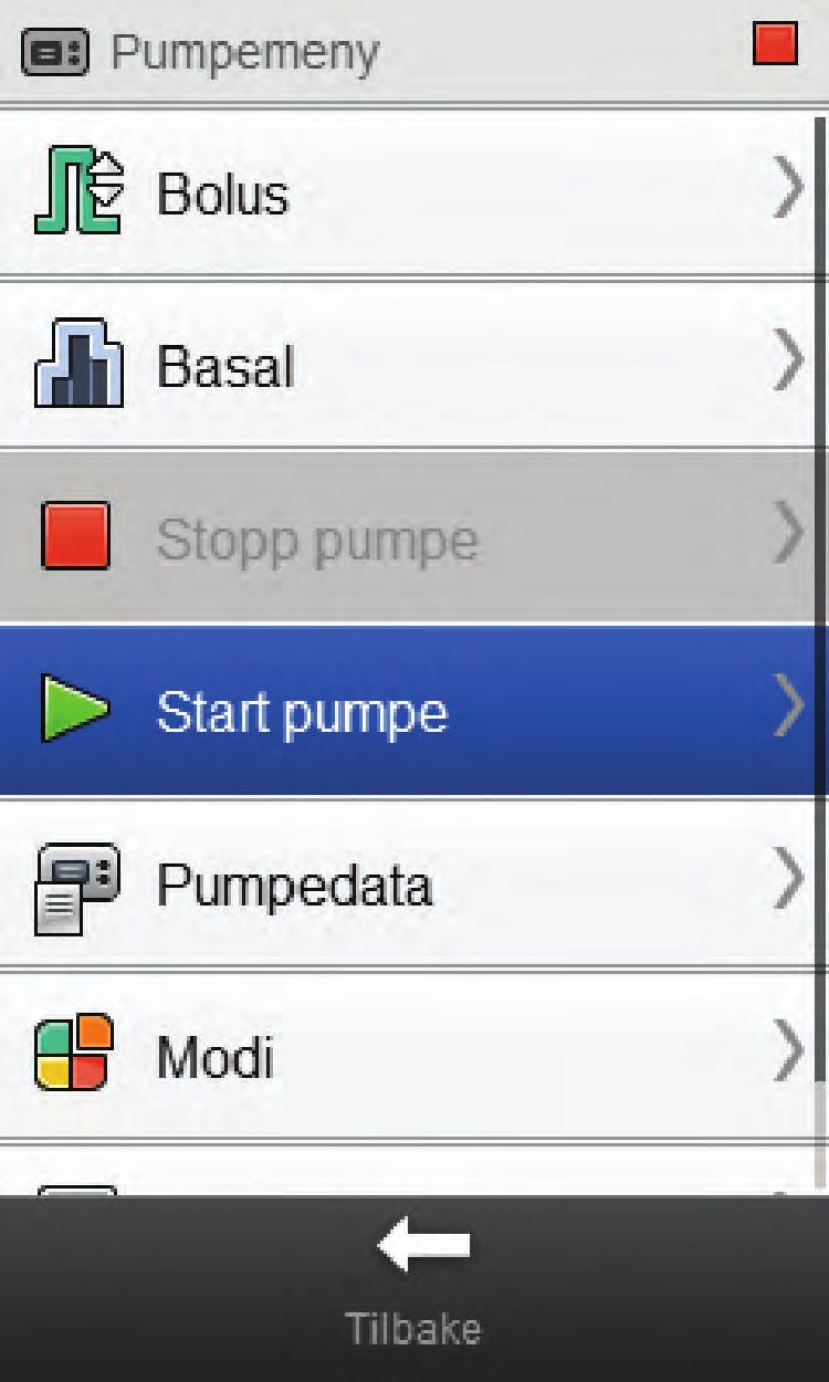 4.4 Starte pumpen Hovedmeny > Pumpe > Start pumpe 1 2 3 Velg Start pumpe fra Pumpemeny.