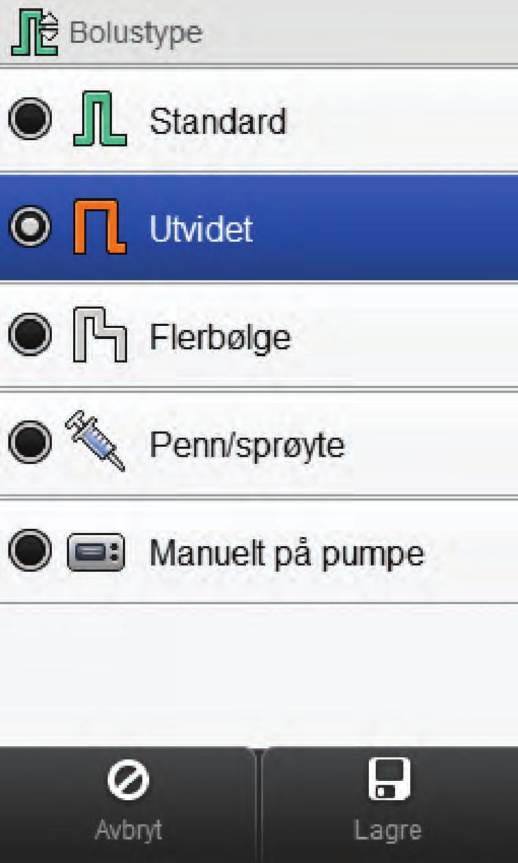 5.3.2 Tilføre en utvidet bolus uten bolusråd 1 2 3 MERK Utvidet bolus er kun tilgjengelig hvis en måltidsbolus er angitt. Velg Bolustype. Velg Utvidet.