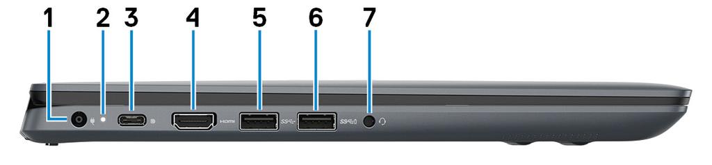 Venstre 1 Strømadapterport Koble en strømadapter for å gi strøm til din datamaskin. 2 Strøm- og batteristatuslampe Angir strømtilstanden og ladetilstanden til datamaskinen.