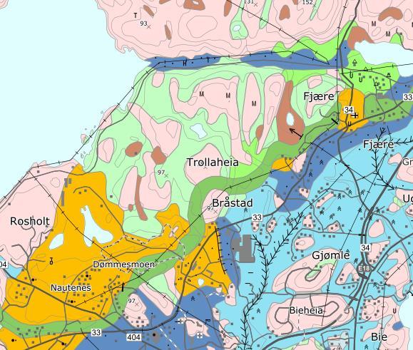 ved kryssing av draget/dalen som går vestover mot Rore. Her er det bløte løsmasser i dybde 5 meter over faste masser.