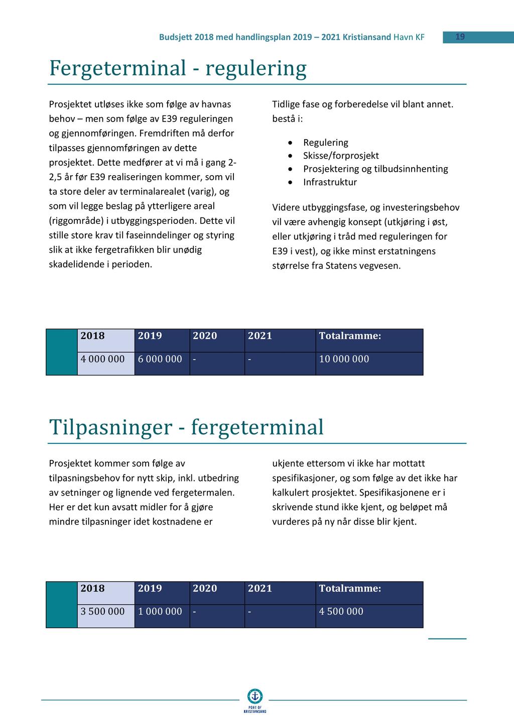 F r t rminªl - r ul rin 19 Prosjektet utløses ikke som følge av havnas behov men som følge av E39 reguleringen og gjennomføringen. Fremdriften må derfor tilpasses gjennomføringen av dette prosjektet.