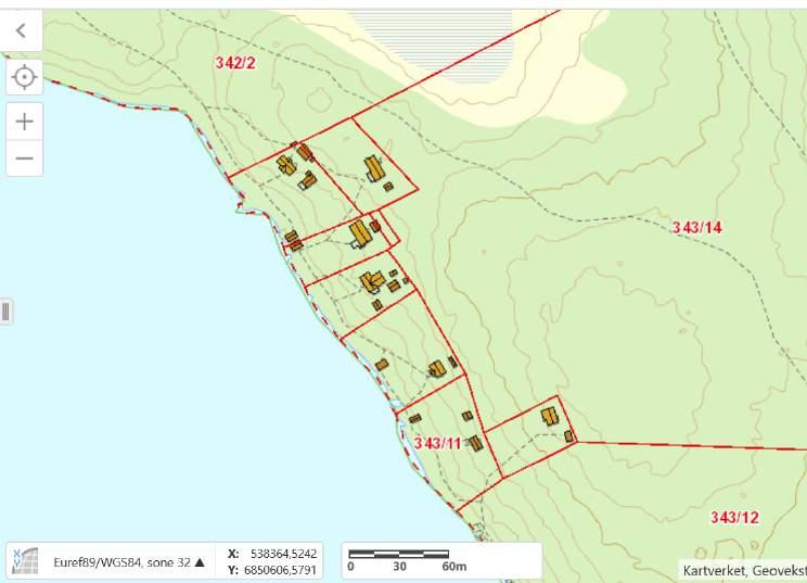 Kartutsnitt viser eiendom gnr 343/11 og nærliggende eiendommer med fritidsbebyggelse. I henhold til InnlandsGIS viser eiendomsdata at det på eiendommen gbnr 343/11 er 3 bygninger.