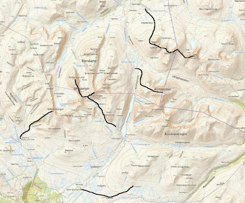 2. Rondaneguiden søker også om en flerårig tillatelse i perioden 15.juni til 6.oktober til følgende turmål: Nordvestryggen til Rondslottet samt Midtronden og Digerronden.