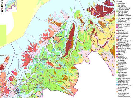 Figur 4. Geologien i Troms berggrunn (NGU kart 1:250 000). I tillegg til berggrunnen er også klima en helt vesentlig naturgrunnlagsfaktor. Figur 5 gir en grovoversikt over klimasoner.