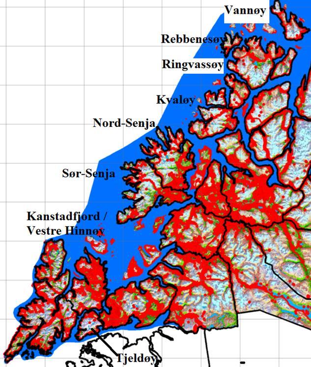 Figur 34. Øydistrikter--inngrepskart. Utsnitt av oversiktskart (figur 23) Figur 34 viser inngrepskartet for øydistriktene og tilstøtende fastlandsområder.