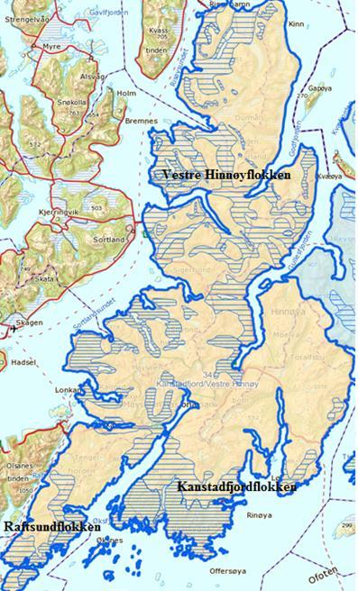 5.4.1.2 Distrikt 34- Kanstadfjord /Vestre Hinnøy Distriktet ligger på de sørlige og vestlige delene av Hinnøya mens Kongsvikdalen reinbeite-distrikt har resten av Hinnøya.