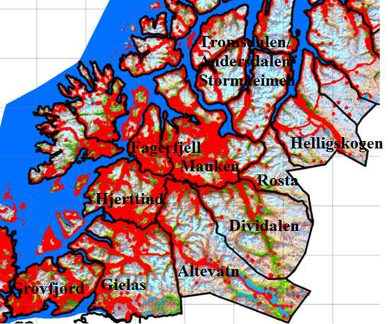 Figur 50. Inngrepskart fjord/innlandsdistrikter-utsnitt av figur 23. 5.4.2.1 Distrikt 27/17/18 Mauken/Tromsdalen/Andersdalen/Stormheimen Dette er formelt sett flere distrikter som drives som en enhet.