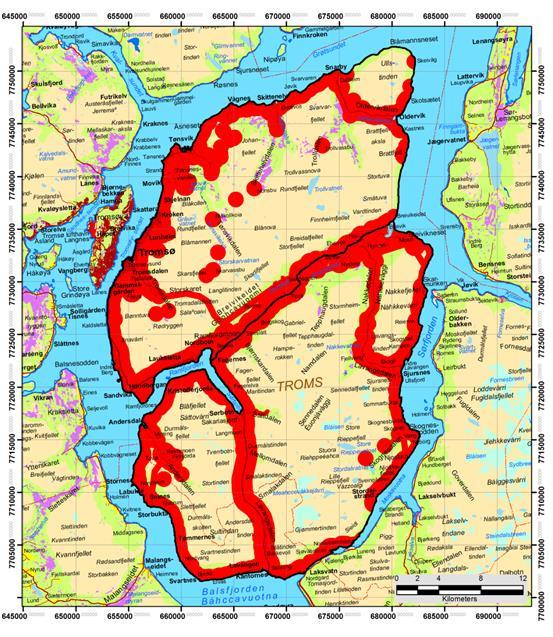 Figur 51. Inngrepskart Stuoránjárga Inngrepskartet i figur 51 viser at tyngden av inngrepene i Stuoránjárga er kommet langs strandflata og i de større dalførene med hovedferdselsårene.