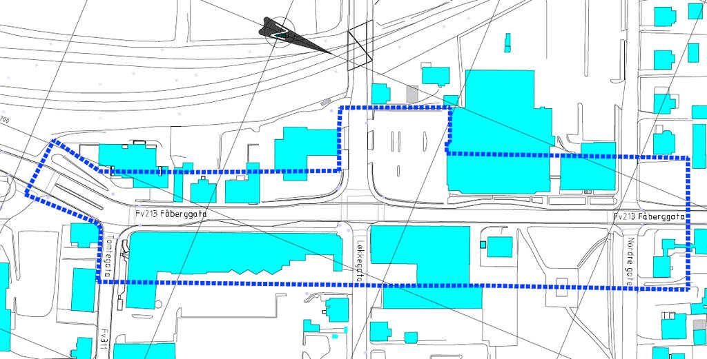 Kart: Planområdet ved varsel om oppstart Kart: Kart over området På strekningen i Fåberggata er det