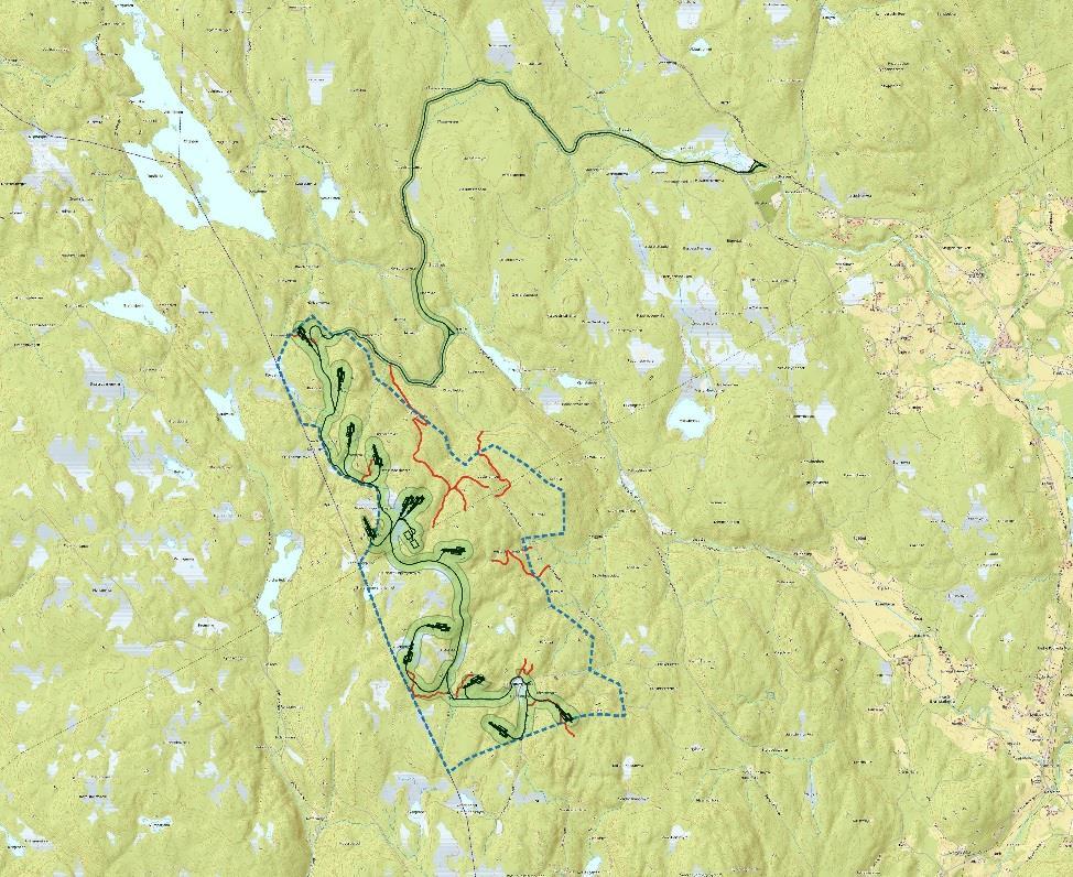 Figur 2: Kart over planområdet ved Engerfjellet. Det blå omrisset viser planområdet.