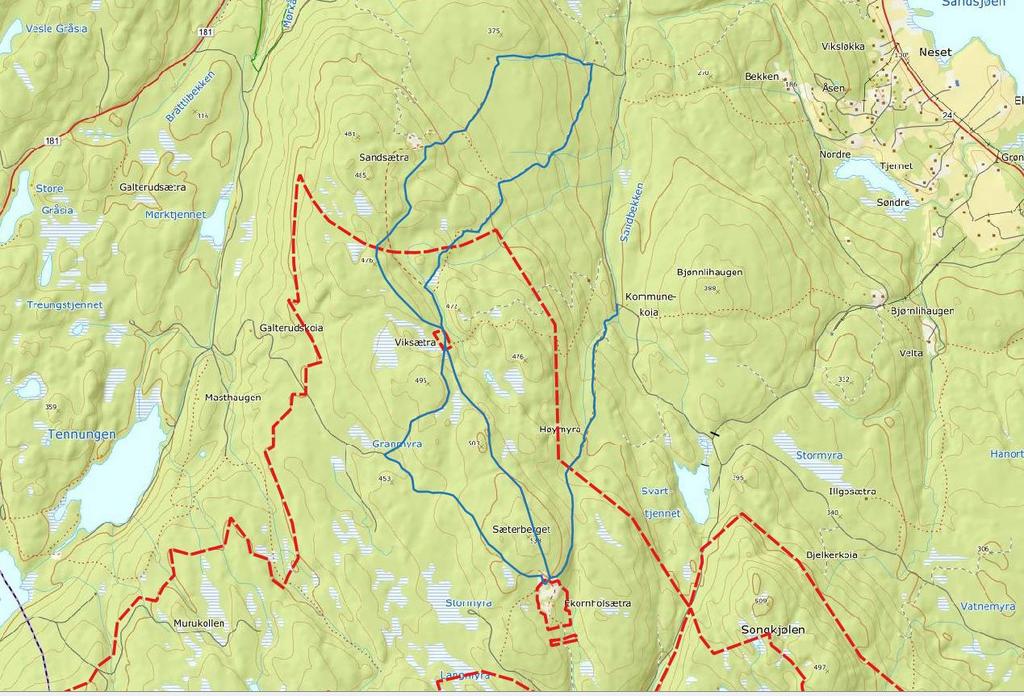 De eksisterende turveiene/ turstiene er markert med rødt.