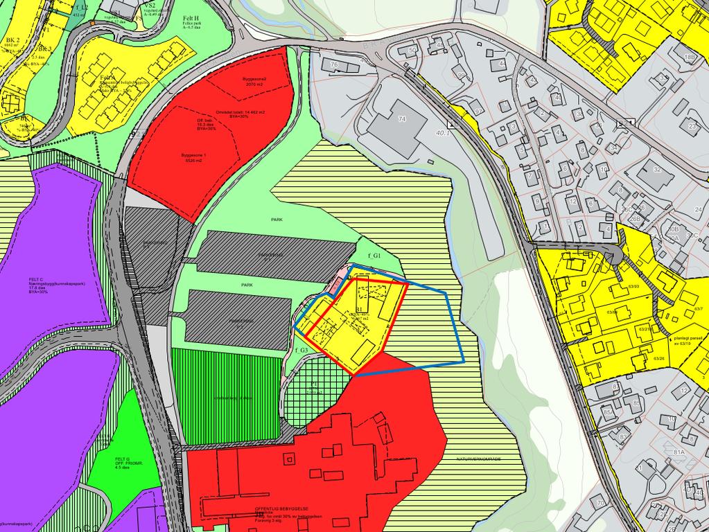 . Utvidelsen i alternativ 2 omfatter i tillegg «Naturområde grønnstruktur». Alternativ 1 vist med rød, og alternativ to vist med blå strek. Reguleringsplan og ev.