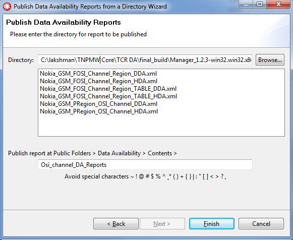 8. On the Add Data Availability Reports page, click Browse and select the directory where the Data Availability reports are generated. For example, Manager/plugins/tmp/<nokia.gsm.bss.DA>.